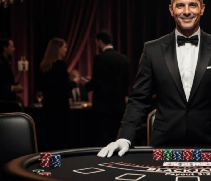 Elegánsan öltözött blackjack krupié és házigazda egy eseményen