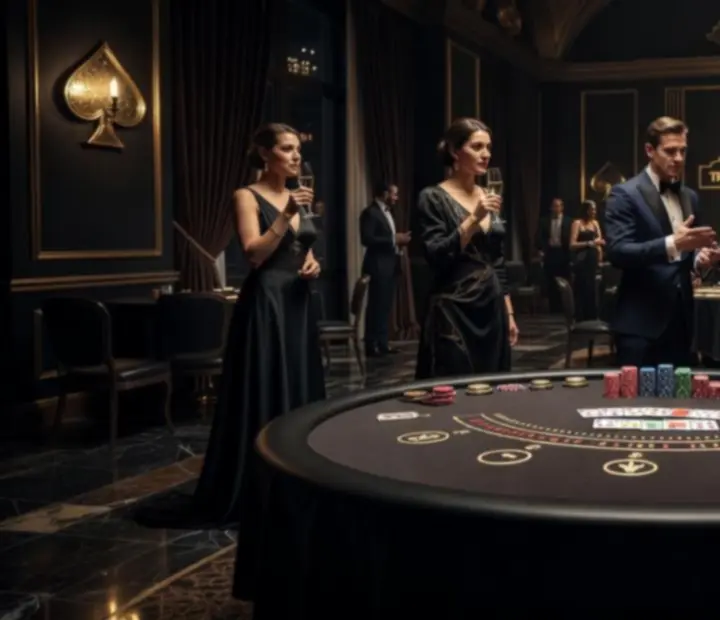 Elegáns, sötét hangulatú rendezvényterem blackjack asztallal, zsetonokkal és koktélos poharakkal