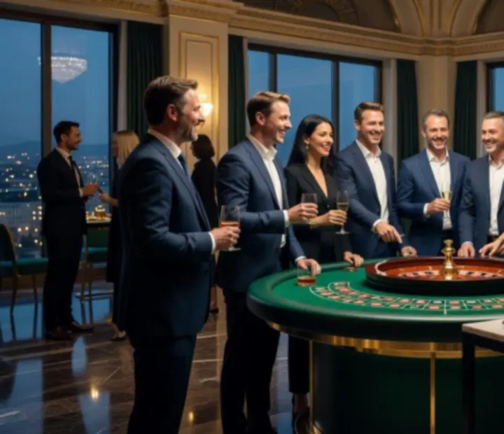 Céges rendezvény rulettasztallal, elegáns öltönyös vendégekkel