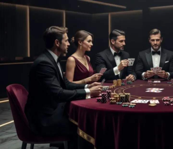 Modern, elegáns kaszinó tematikájú rendezvényterem esti fényekben, pókerasztalokkal és stílusos vendégekkel