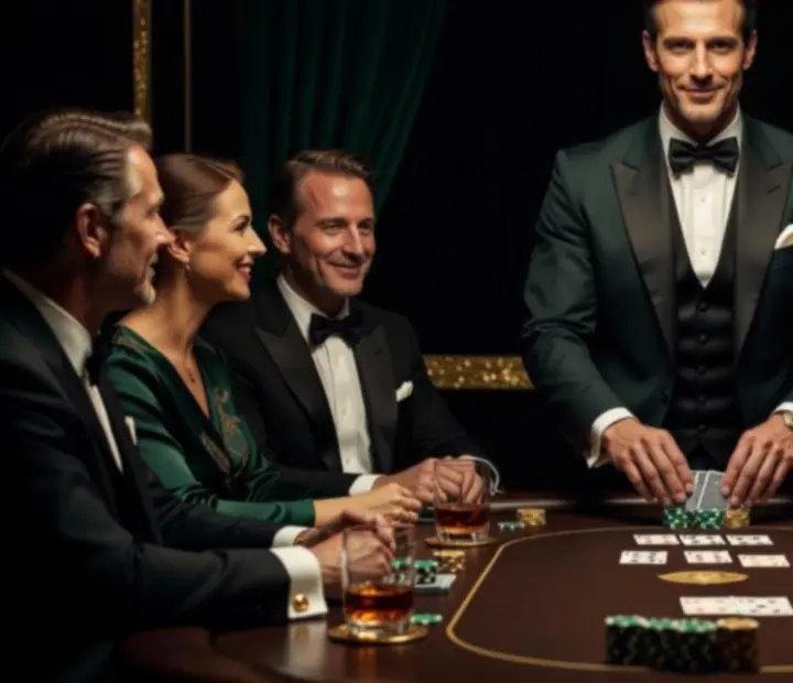 Profi pókerdealer elegáns rendezvényen, vendégeket segítve